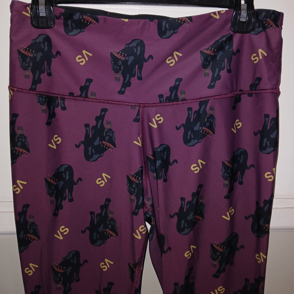 RARE Victoria's Secret Sport Purple Leggings Black Panther Print W/ Crown